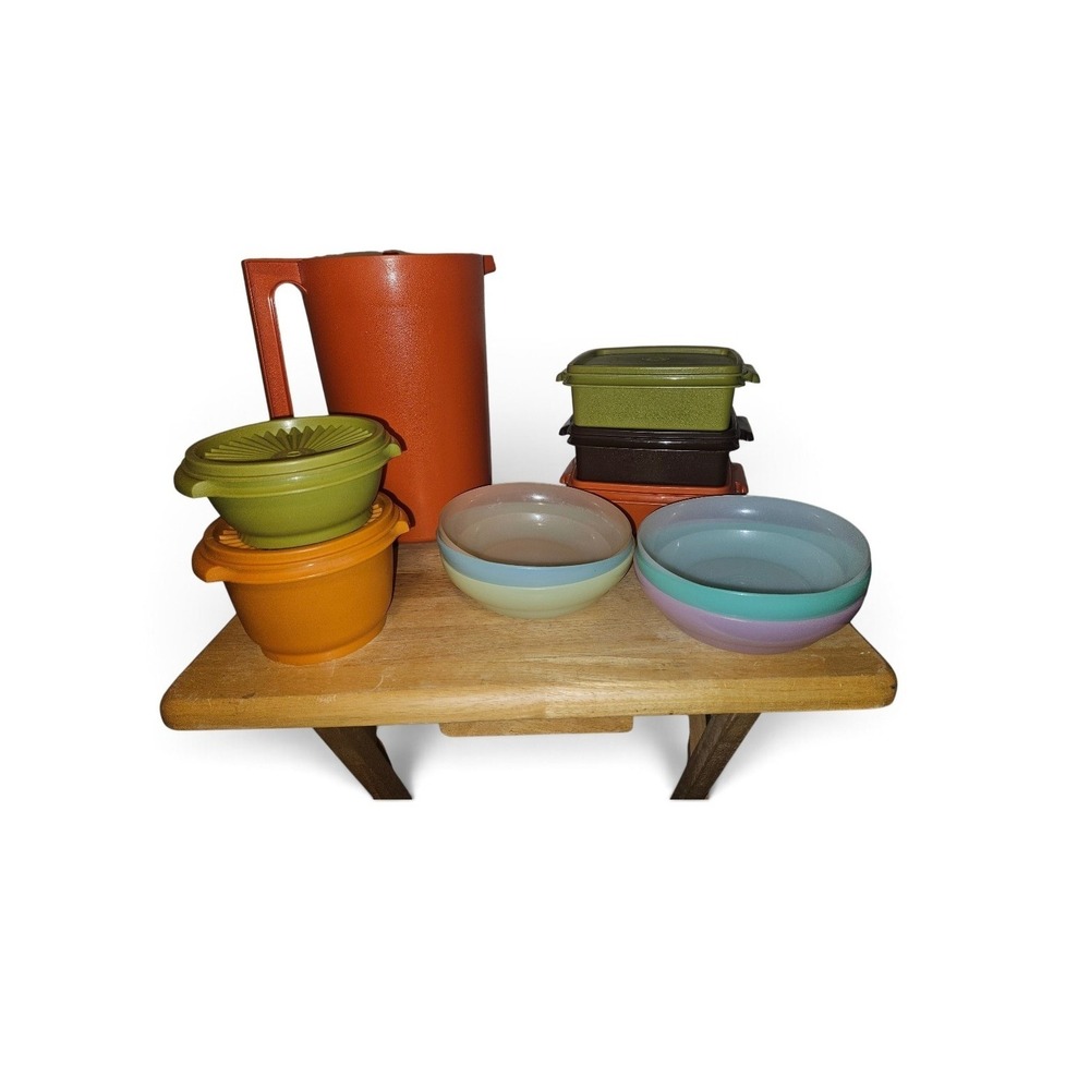 Vintage Tupperware Lot Orange 2Qt Pitcher Servalier Bowls Sandwich Keepers 12pc